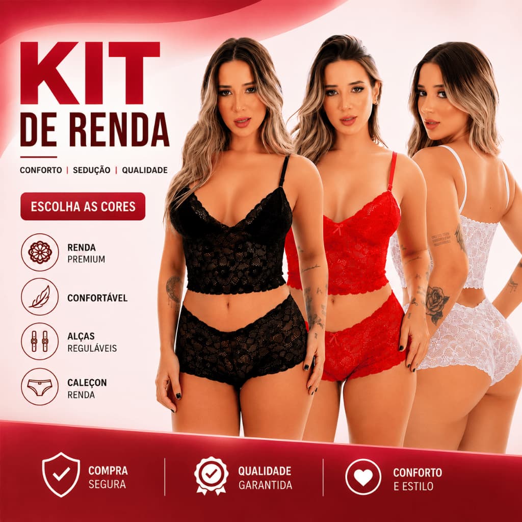Kit  2 Conjunto Renda Espera Marido Feminino Sensual Luxo shortinho Caleçon Promoção