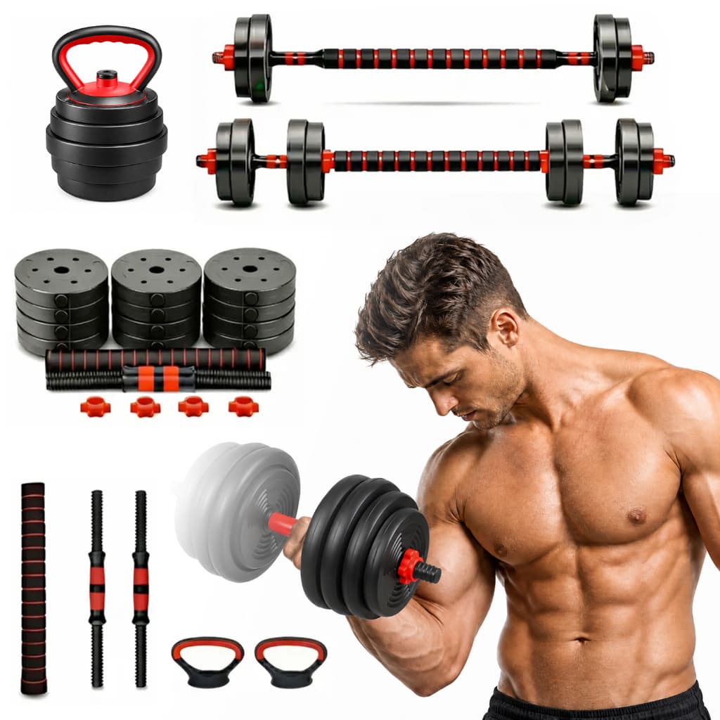 Kit de Treino Funcional 10/15/20 kg – Halteres, Barra, Supino e Kettlebell – Conjunto de Halteres e Anilhas Ajustáveis