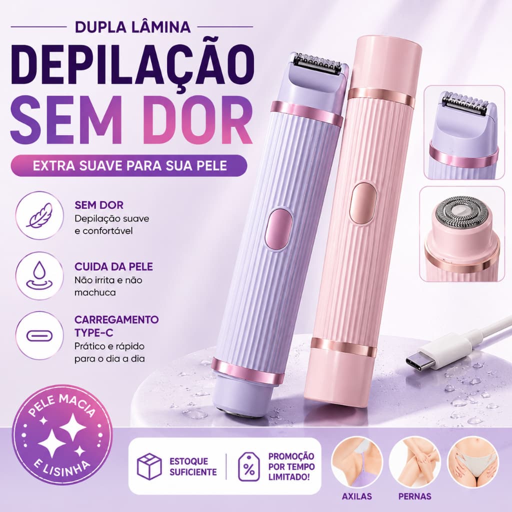 Depilador Elétrico Dupla Lâmina Feminino Depilação Sem Dor Suave e Confortável Recarregável USB Type-C