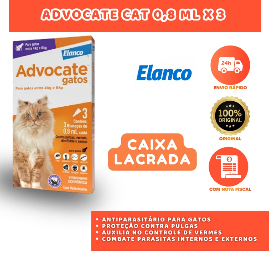 ADVOCATE CAT 0,8 ML X 3 EMBALAGEM ECONÔMICA ANTIPULGAS E VERMÍFUGO PARA GATOS