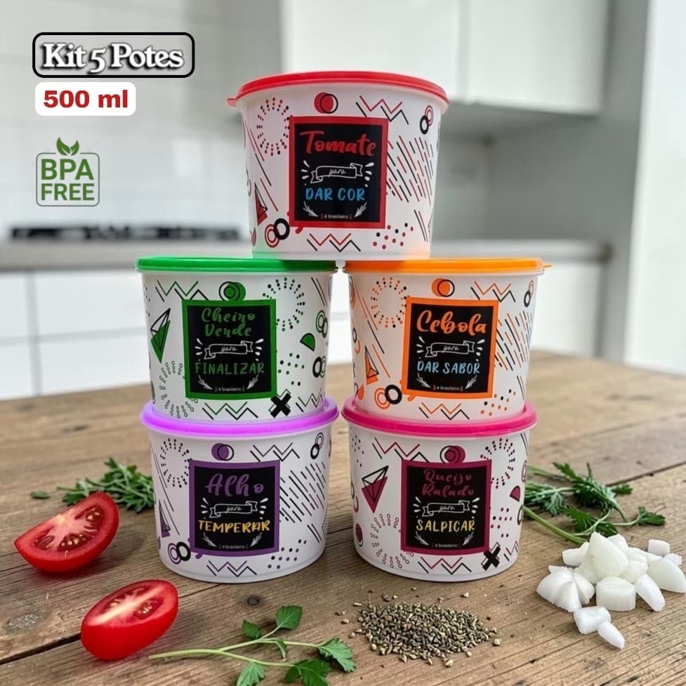 Kit 5 Potes Plásticos 500ml Porta Metades Coloridos Organizadores de Cozinha