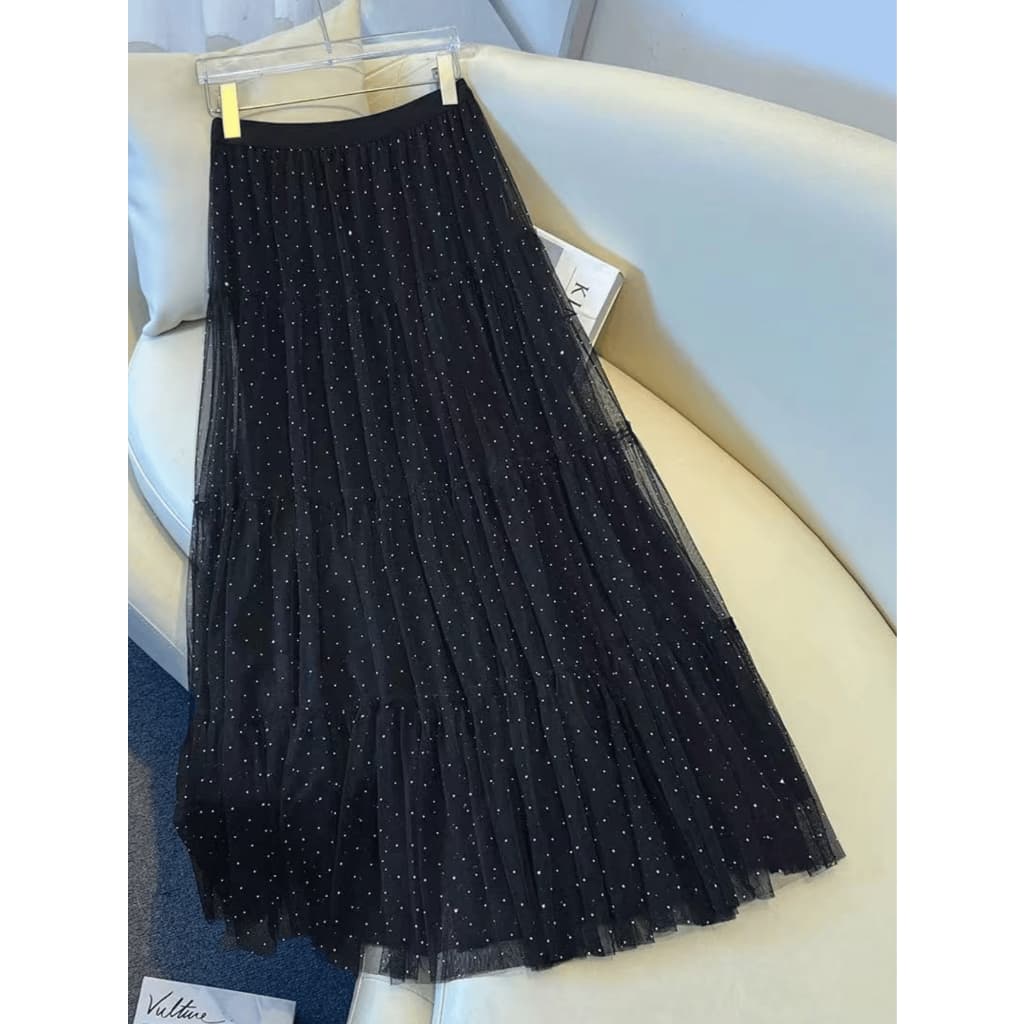Saia feminina de tule com aplicações de strass  Boho    Bainha com babado    Casamento