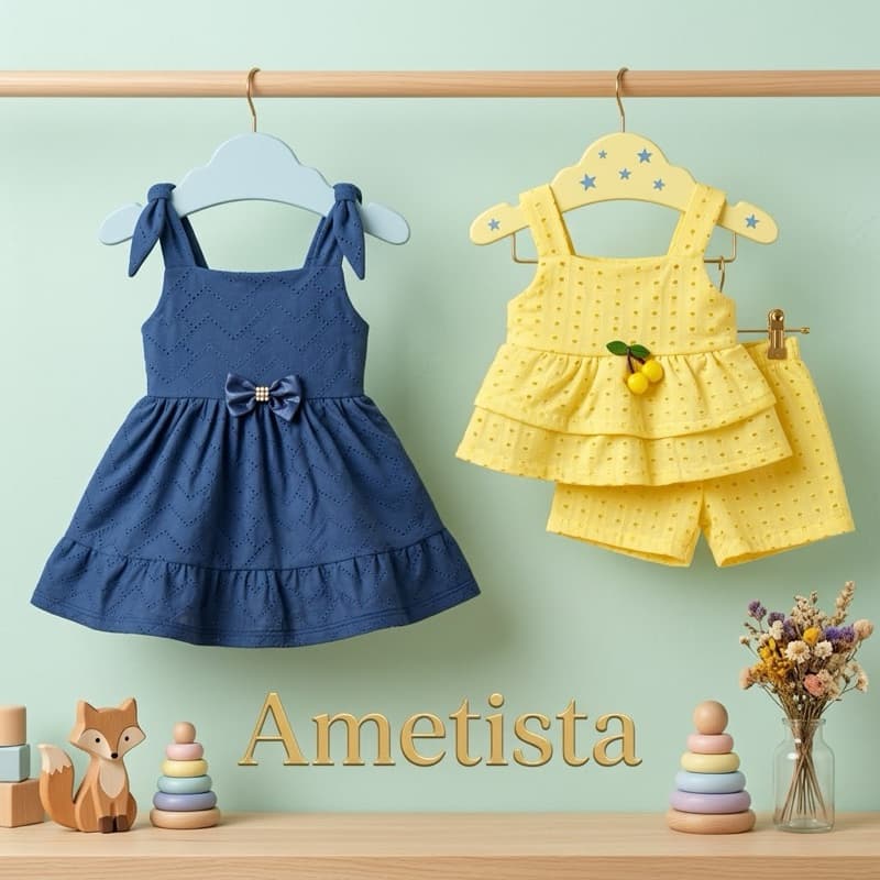 Kit Bebê Menina 3 Peças Vestido + Conjunto Batinha e Short Laise Malha Infantil Verão