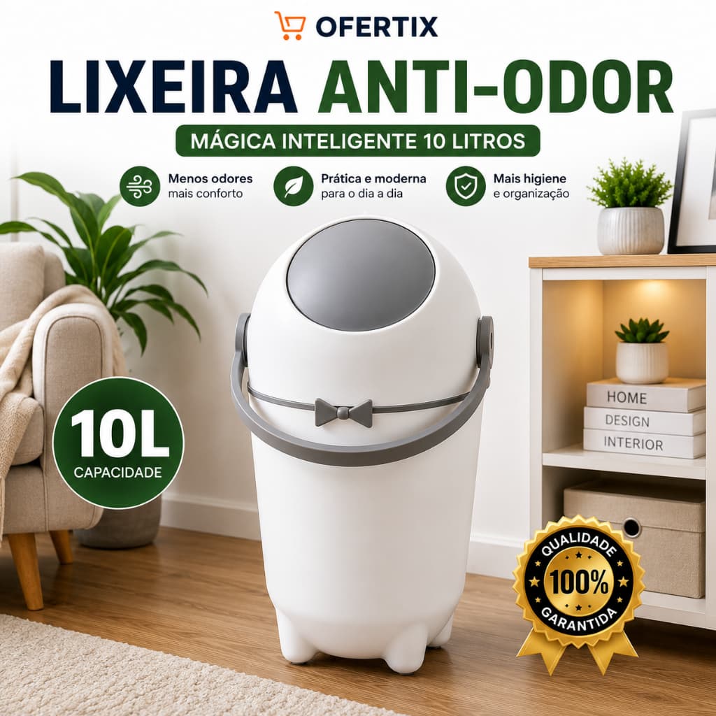 Lixeira Anti-Odor Mágica Inteligente 10L Tampa Girável para Fraldas Restos de Alimentos e Lixo Branca