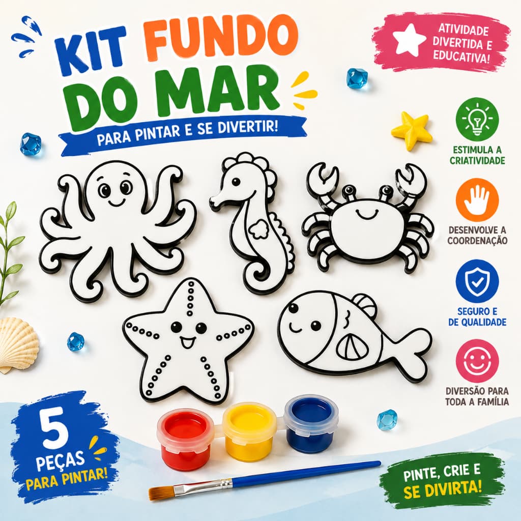 Kit Pintura 3D Infantil Fundo do Mar 5 Peças com Tintas e Pincel Brinquedo Educativo Presente Dia das Crianças