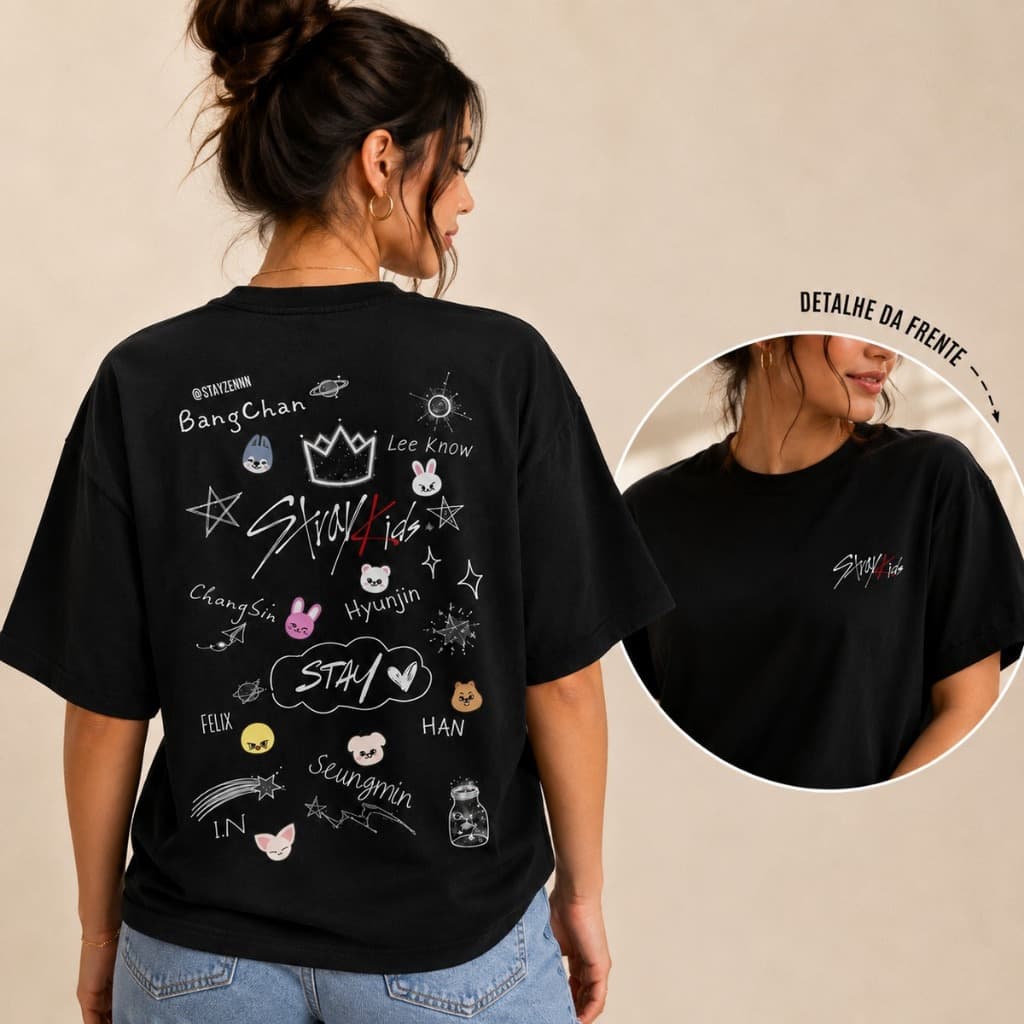 Camiseta Stray Kids Kpop Skz Skoo Fofos Szoo Básica Estampa Hyunjin Casual Estilosa Chibli Lançamento