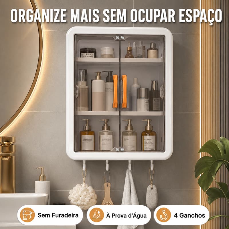 Armário de Banheiro Suspenso Organizador de Parede com Porta Transparente 3 Níveis 4 Ganchos Sem Furar