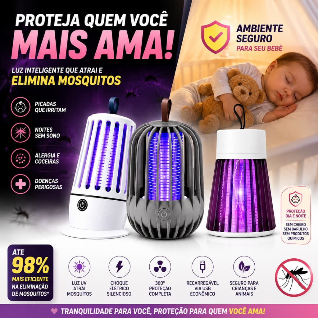 Mata-Mosquitos luz UV Elétrica Recarregável via USB – Armadilha Prática para Insetos