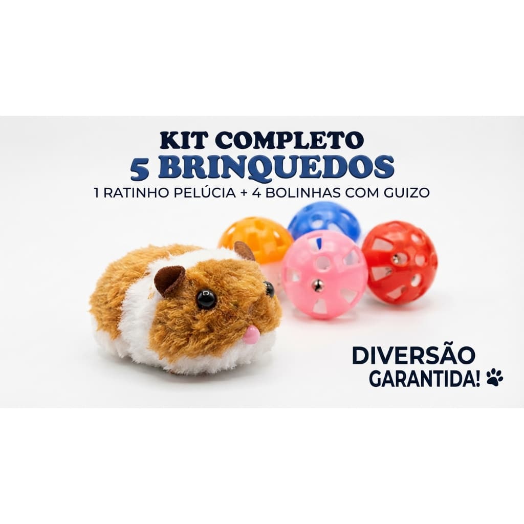 Brinquedo Gato Ratinho a Corda + Kit 4 Bolinhas com Guizo