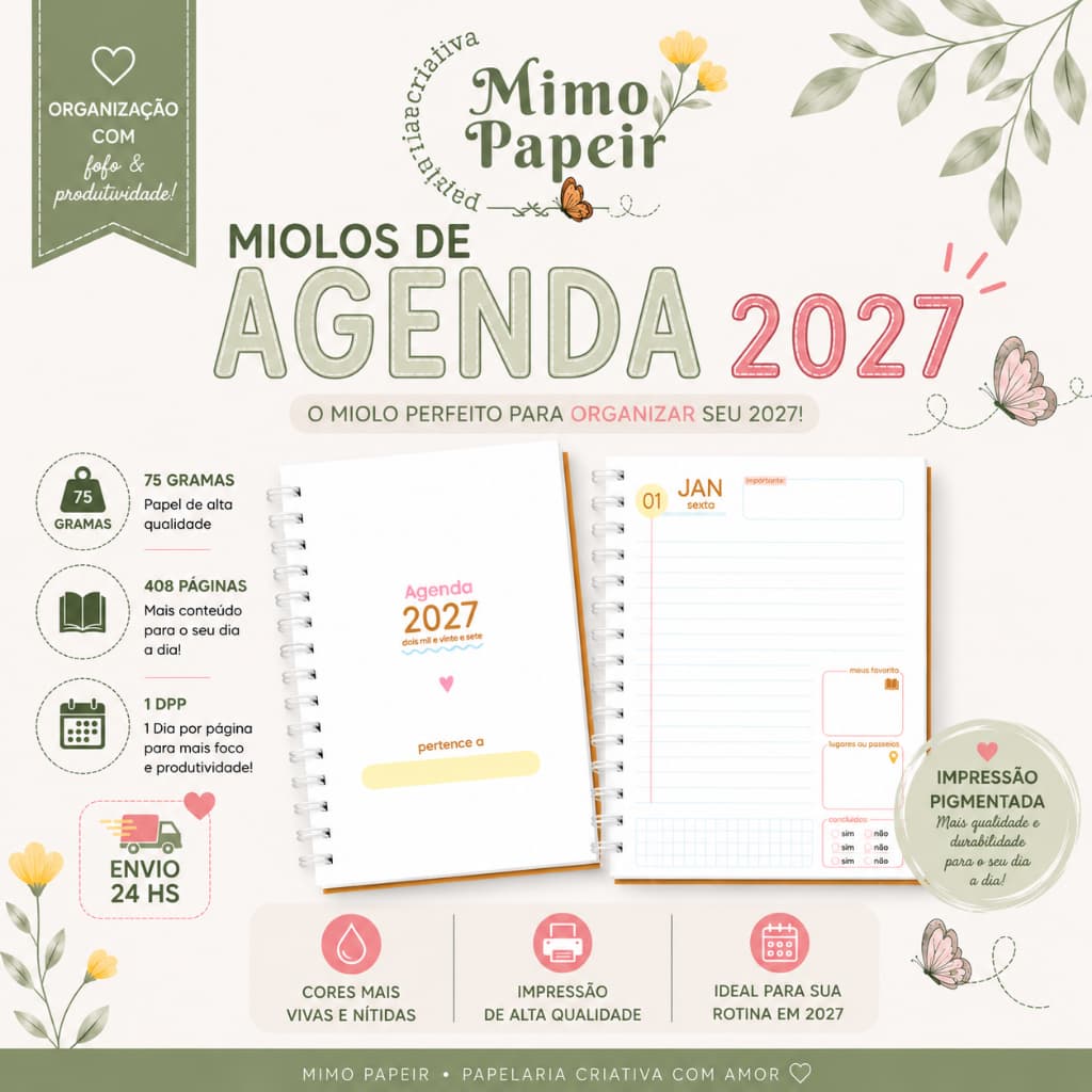 Miolo Agenda 2027 - 1 dias por página - NÃO É AGENDA. É APENAS MIOLO - TINTA PIGMETADA