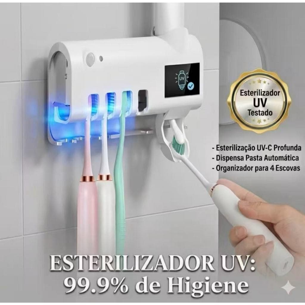 Esterilizador UV‑C para Escovas, Dispensador de Pasta, Sem Furo, Carregamento Solar