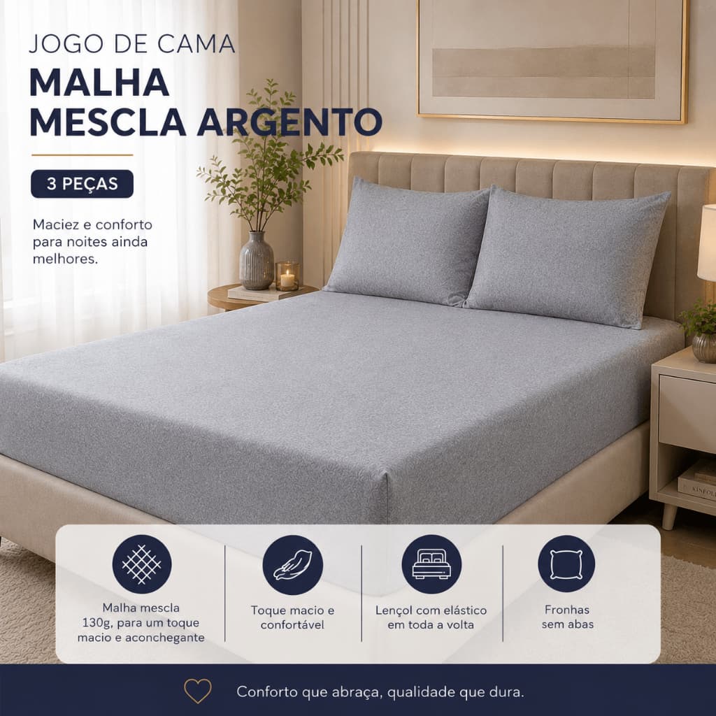 Jogo De Cama Queen 3 Peças Malha Mescla Argento Liso com Elástico Moderno Minimalista Lençol e Fronhas Macio Confortável