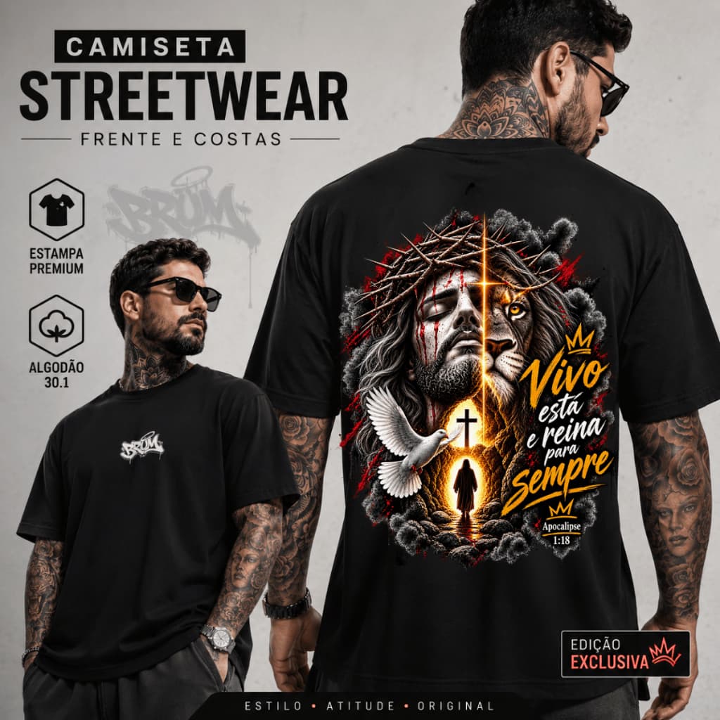 Camiseta Masculina Premium Street Estampa Moda Gospel Evangélica Fé Leão de Judá Envio Imediato