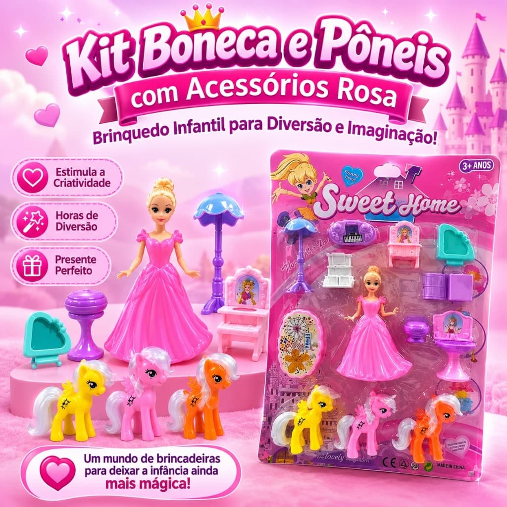 Kit Boneca e Pôneis com Acessórios Rosa – Brinquedo Infantil para Diversão e Imaginação