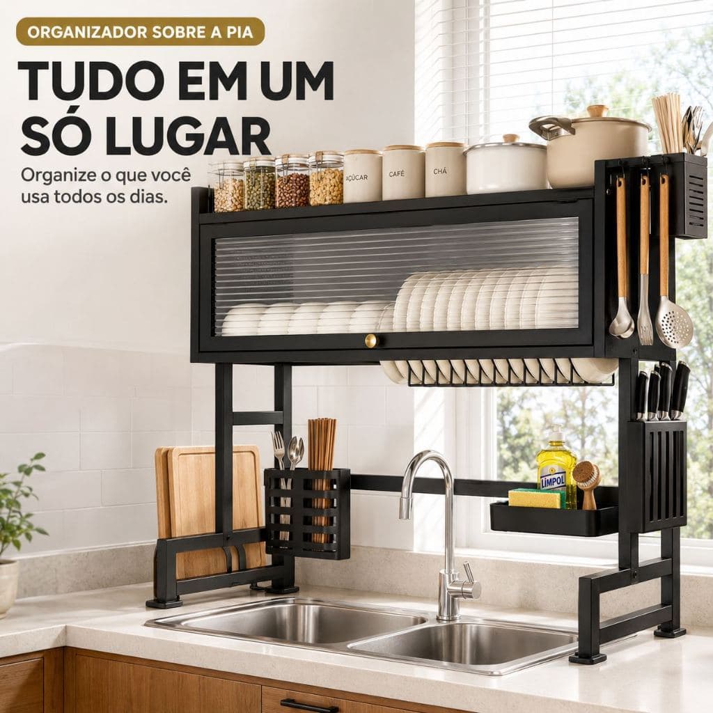 Organizador Sobre a Pia Tudo em Um Só Lugar com Porta-Pratos, Talheres, Facas, Tábuas e Cesta de Limpeza