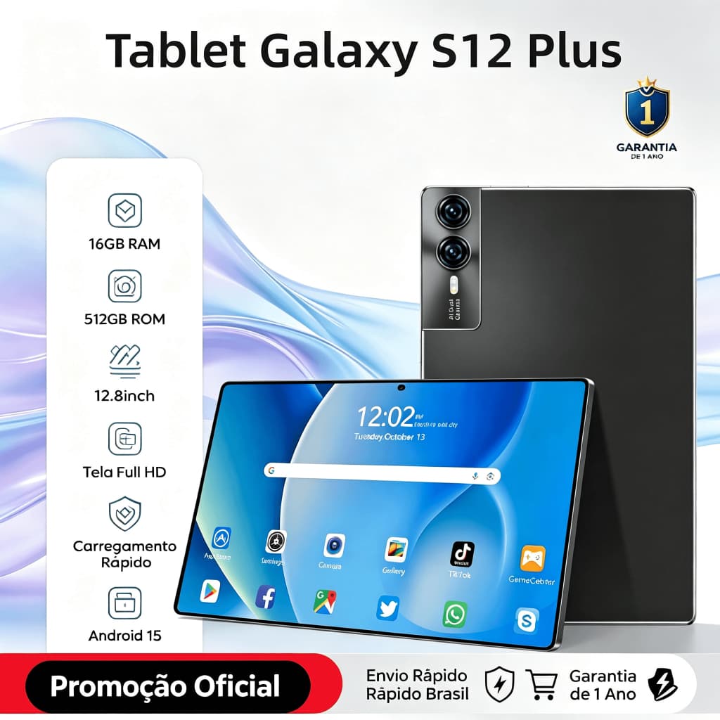 【Teclado e mouse gratuitos】Tablet Galaxy S12 Plus de 12,8 polegadas, 16 GB + 512 GB, 5G e suporte para dois cartões SIM