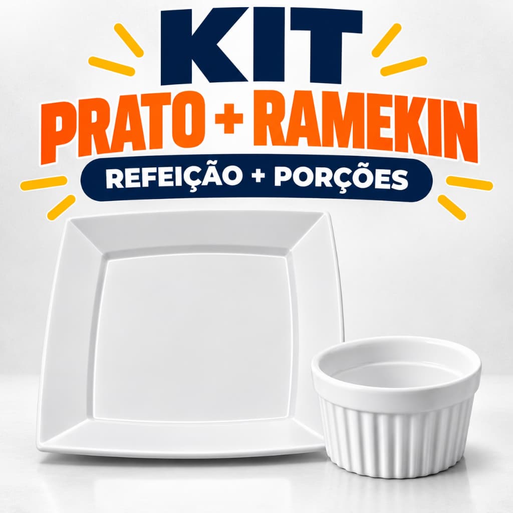 Kit Prato Quadrado 22cm + Ramekin Canelado Plástico Reutilizável Resistente Cozinha Churrasco Festas