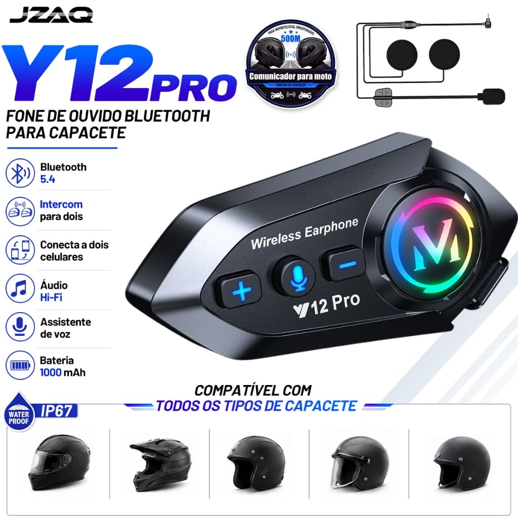 JZAQ Y12Pro Fone Bluetooth para Capacete,IP67 Impermeável,Áudio HD,Música Compartilhada,Intercomunicador moto capacete