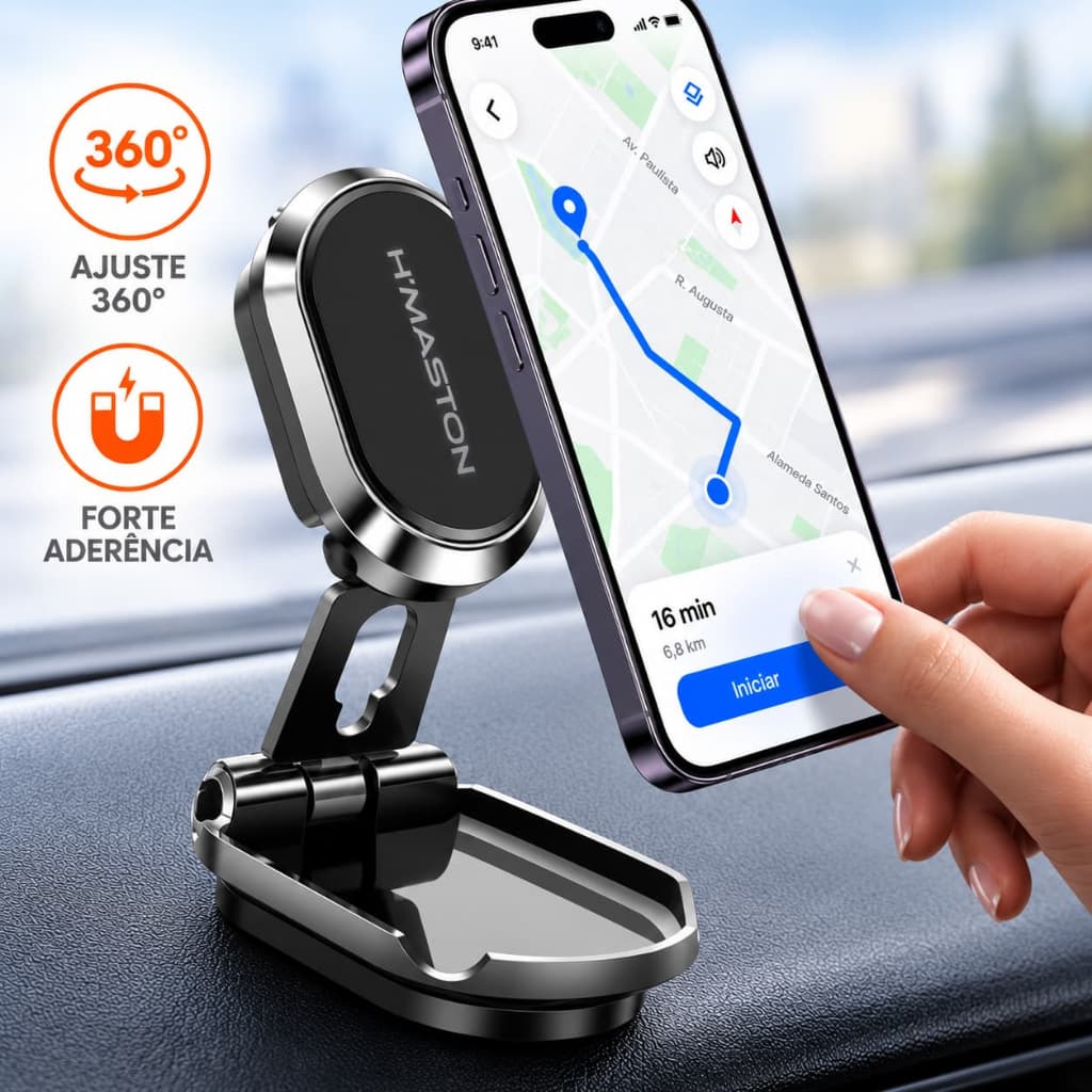 Suporte Veicular Magnético Compacto 360° Fixação Forte e Discreta no Painel Suporte para Carro H'maston CJ-70
