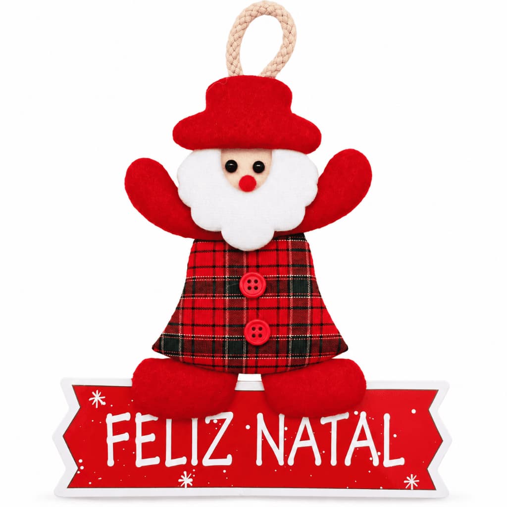 Enfeite Natalino Papai Noel Placa Feliz Natal Decoração de Porta Natal 24cm Guirlanda Boneco Papai Noel Xadrez