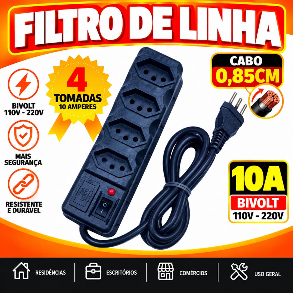 Filtro de Linha 4 Tomadas Extensão Elétrica Régua 10A 110 / 220 V Bivolt