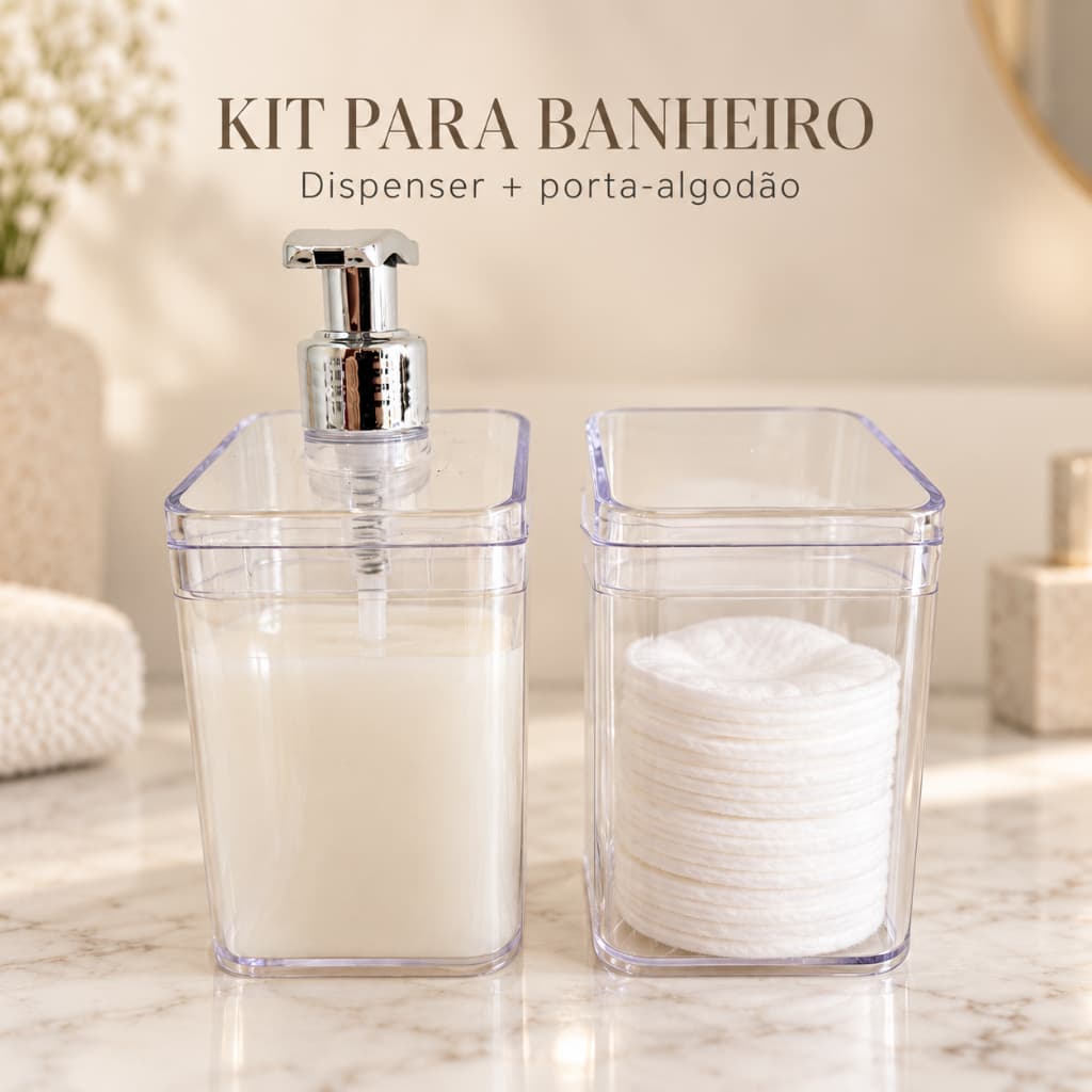 Kit Banheiro UZ Dispenser Sabonete Líquido 350 ml + Porta-Algodão Slim Transparente