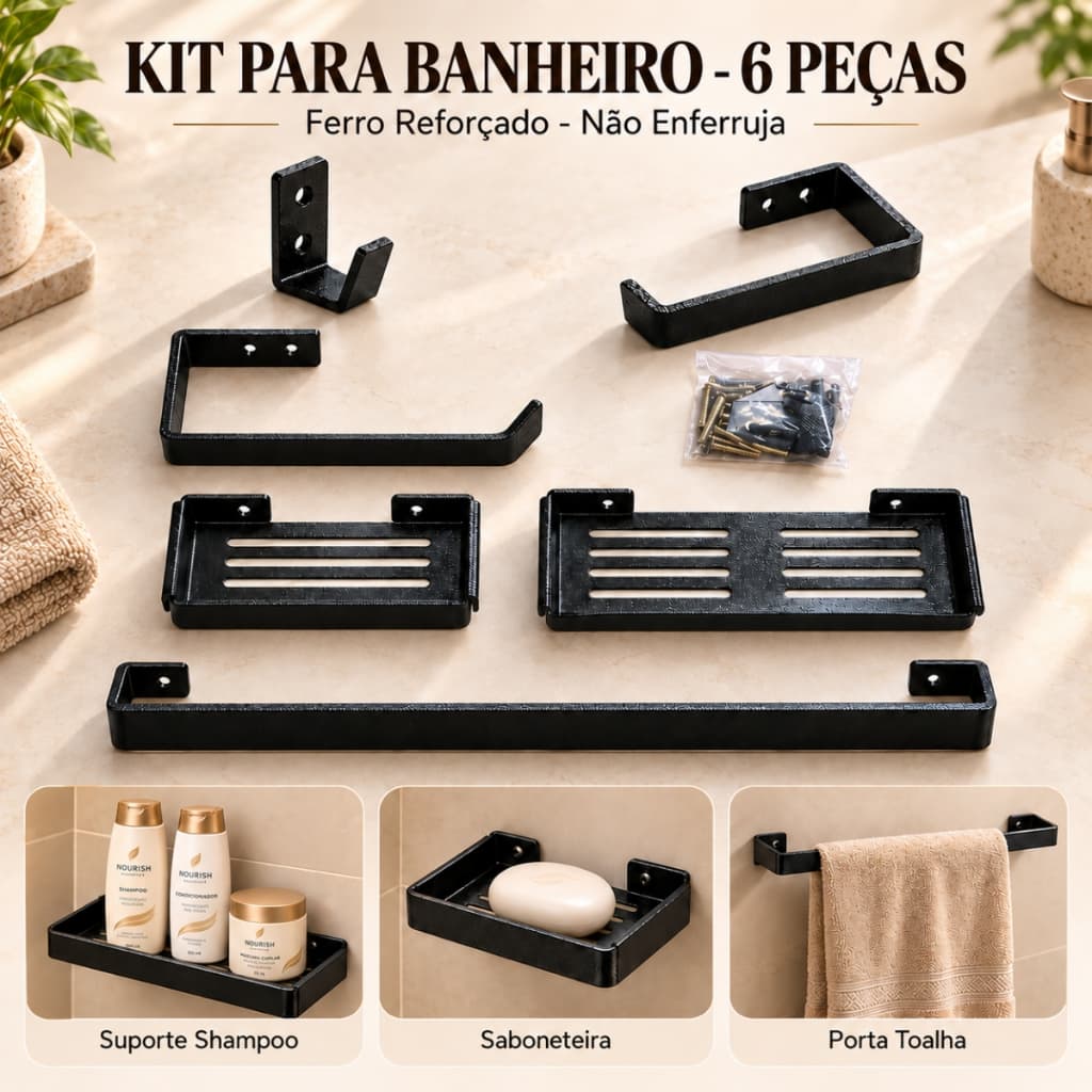 Kit Acessórios Banheiro 6 Peças Preto Com Saboneteira Toalheiro Porta Papel Higiênico Prateleira
