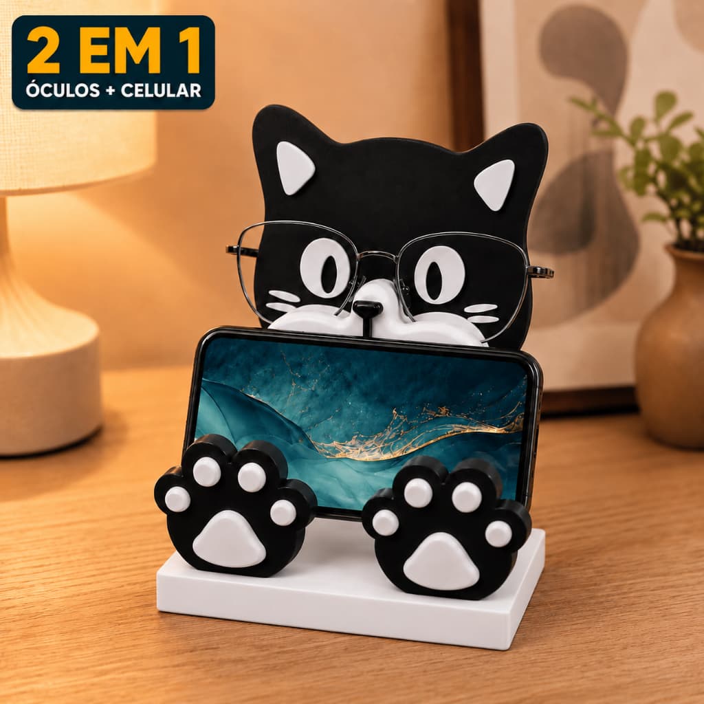 Porta Óculos Suporte para Celular Gatinho 2 em 1 Organizador de Mesa Escritório Criado-Mudo Premium