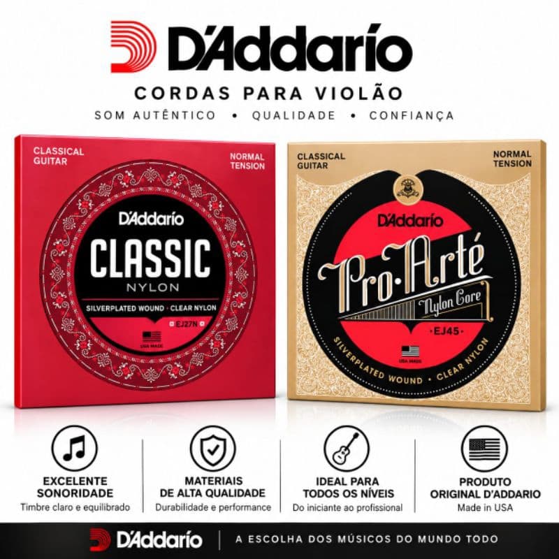 Jogo de cordas nylon encordoamento nilon  para violão EJ27N e EJ45 D'Addario tensão Normal e Clássica