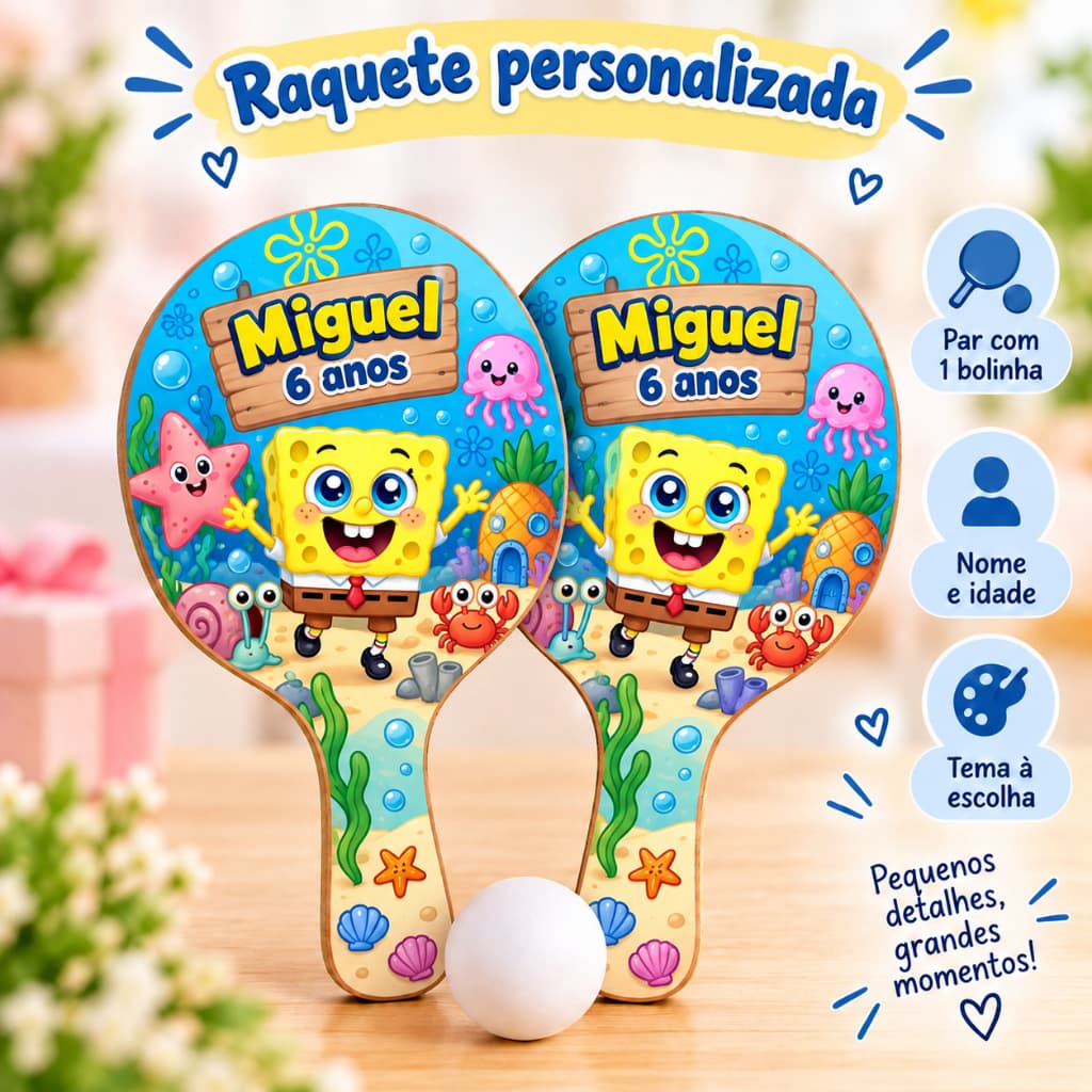 Raquete Ping Pong Personalizada com Bolinha | Lembrancinha Aniversário Infantil e Adulto