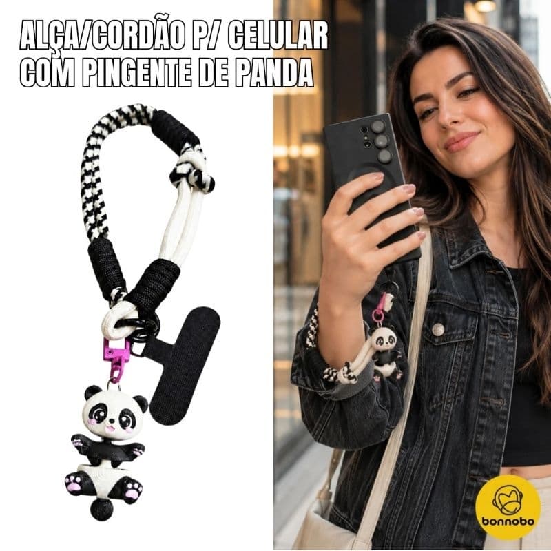 Alça para Celular de Pulso Cordão Corda Ajustável com Chaveiro Panda Suporte para Smartphone Celular