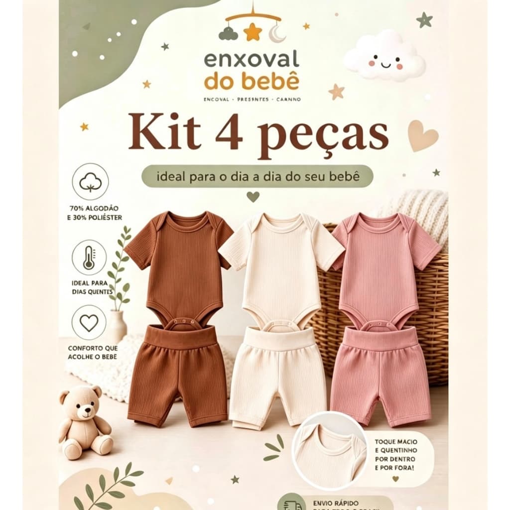 4 Peças 2 Body Manga Curta 2 Tapa Fralda Para Bebe