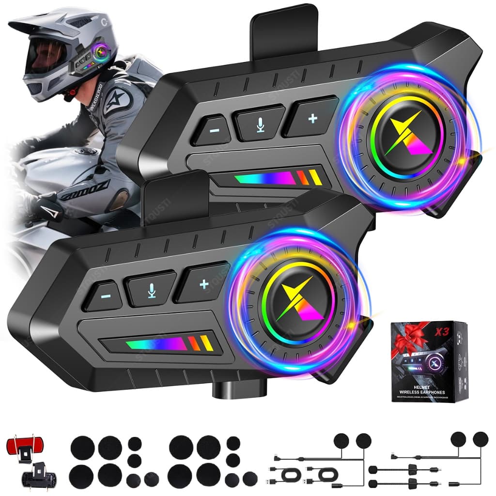 Kit Intercomunicador Bluetooth para Capacete Moto 2 Unidades, Bateria 3200mAh, Rádio FM, Luz RGB