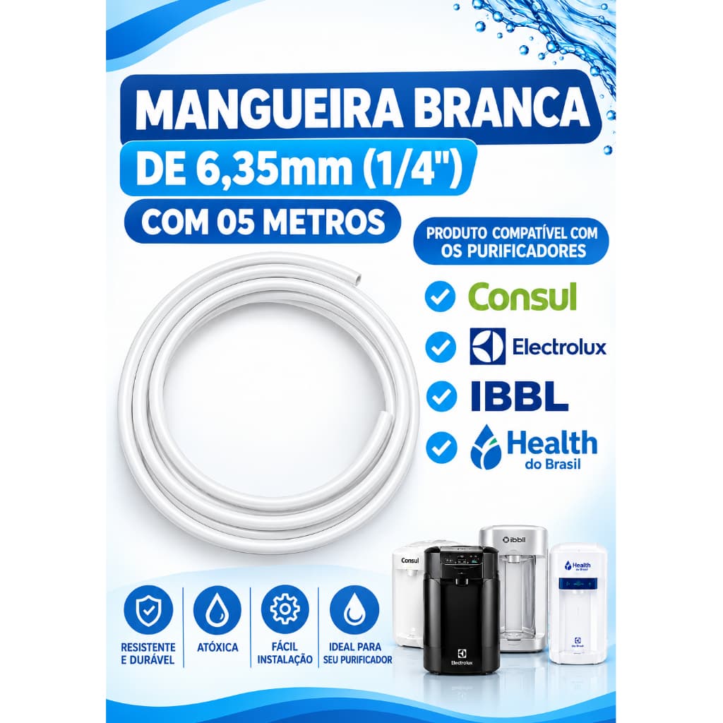 Mangueira Branca Atóxica Para Filtro Purificador De Água Atóxica 1/4 - 6,35mm  - 5 metros