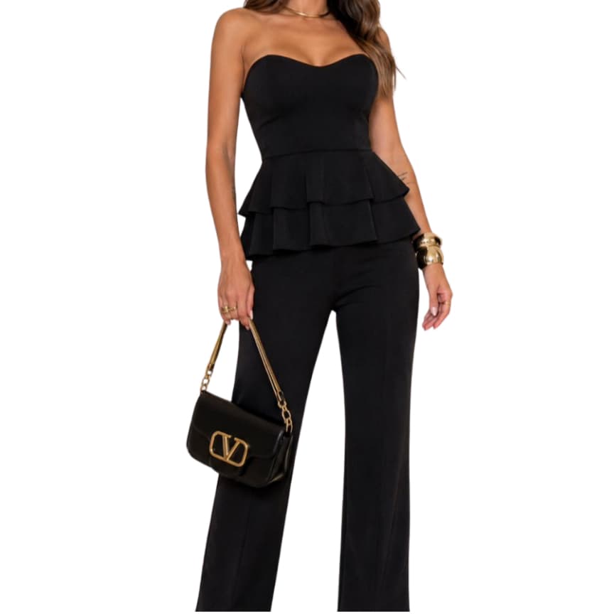 Conjunto ANARRUGA Premium – Blusa Peplum Estruturada + Calça Flare
