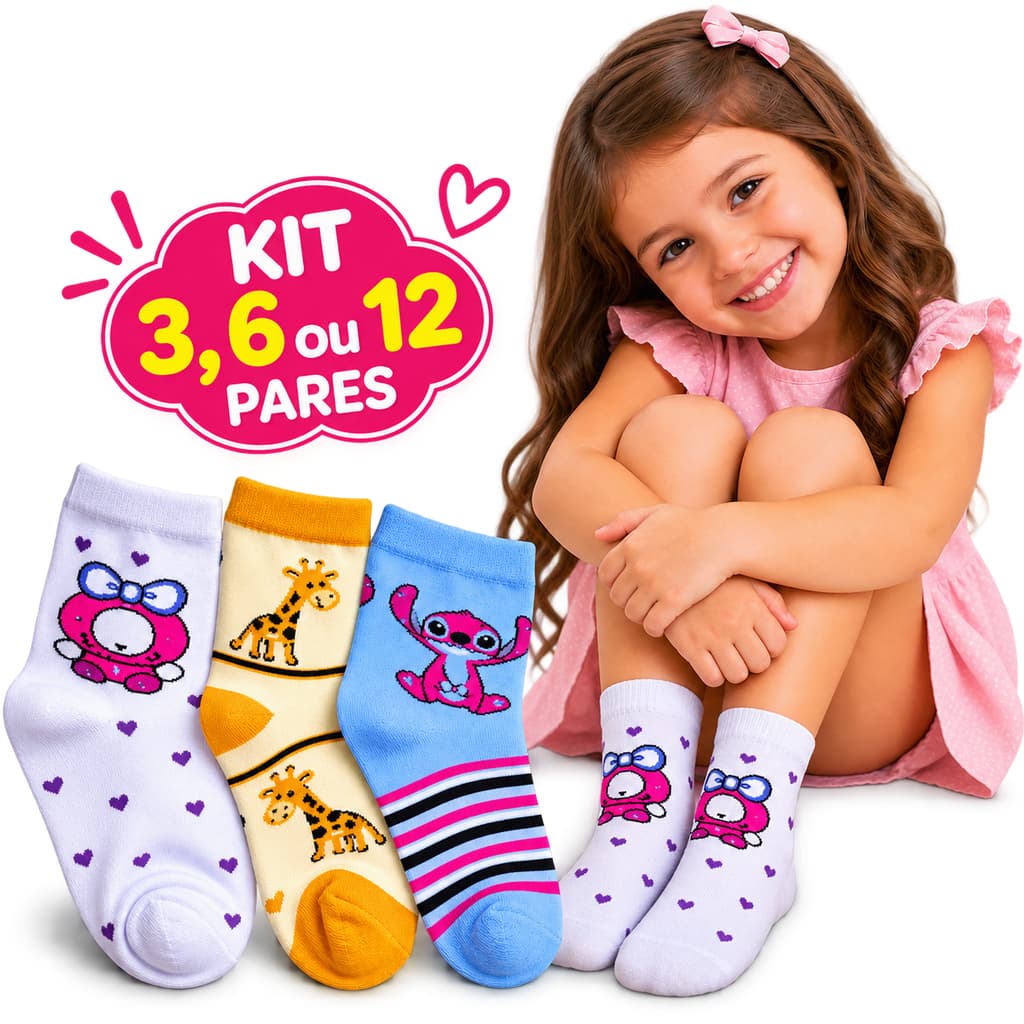 Kit com Até 12 Pares de Meias Infantis para Menina Conforto Estilo e Diversão