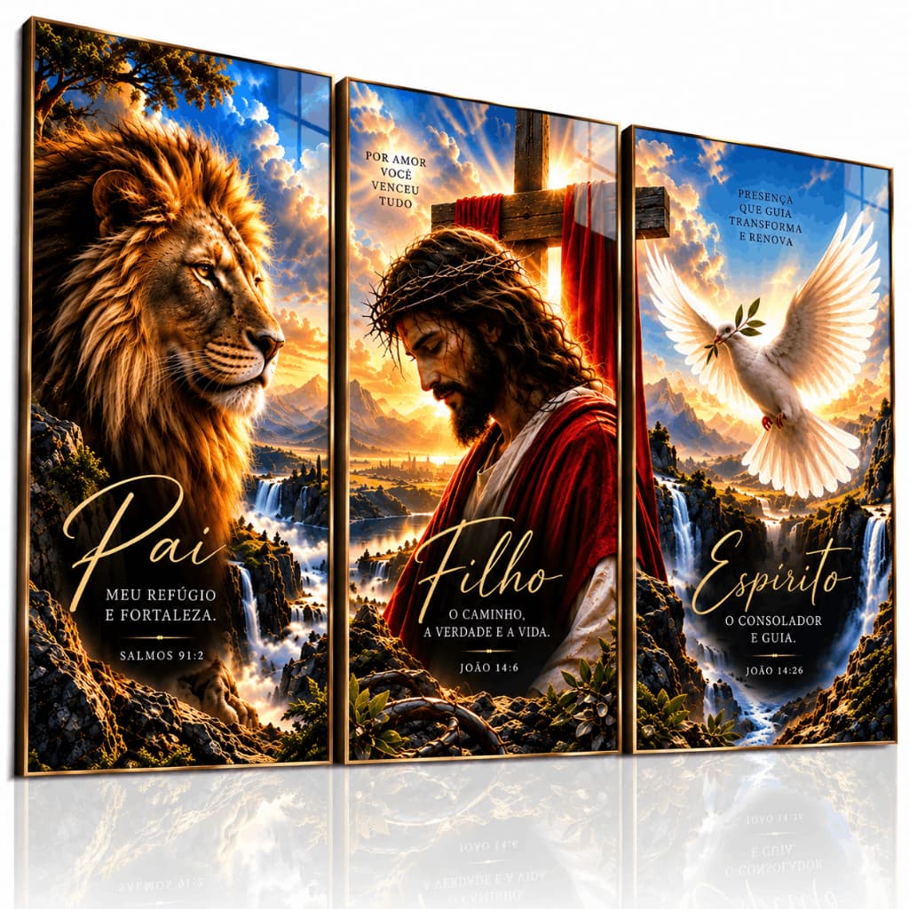 Kit 3 Quadros Decorativos Religiosos Pai Filho Espírito Santo Jesus Leão Fé Cristão