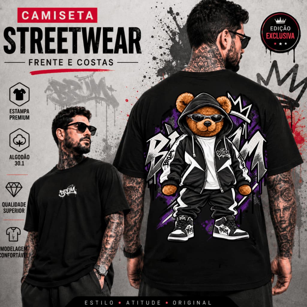 Camiseta Casual Urso Camisa Masculina Streetwear 100% Algodão Premium Plus Size Envio Imediato