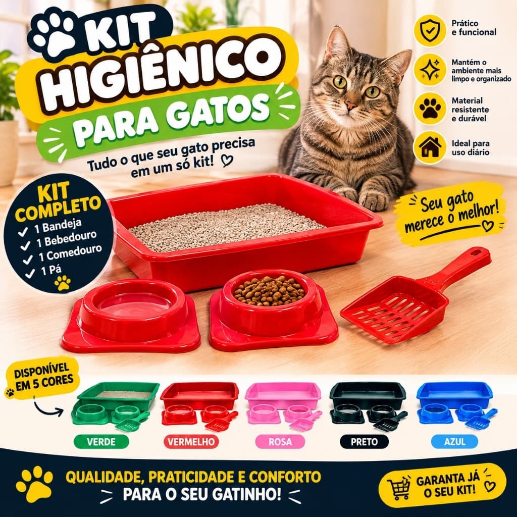 Kit Higiênico Para Gatos Completo 4 Itens Caixa De Areia + Pá + Comedouro + Bebedouro Prático Resistente