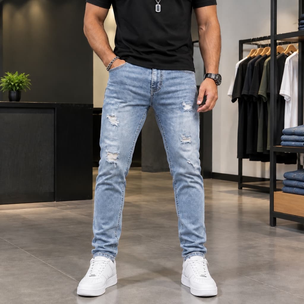 Calça Jeans Masculina Rasgada Slim Fit Algodão Elastano Desgastada Azul Claro