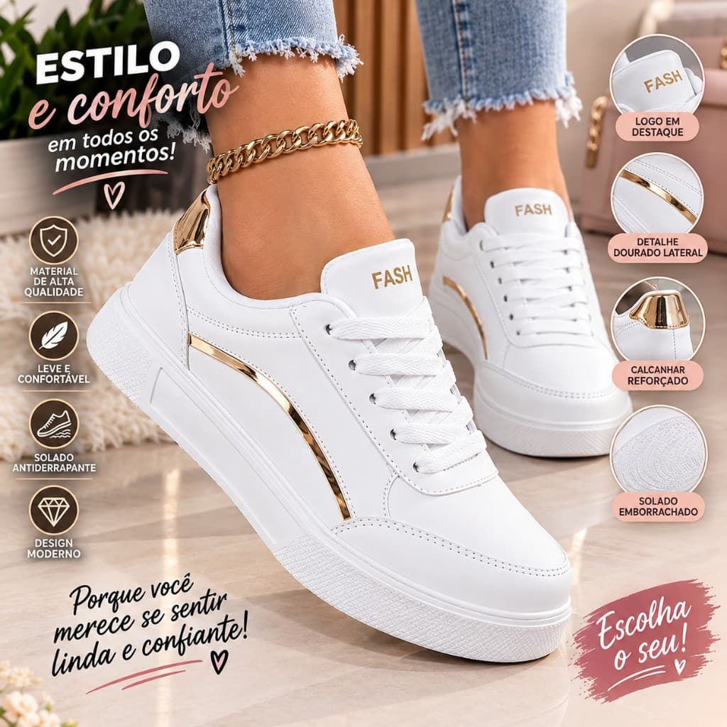 Tenis Feminino Casual Branco Blogueira Clássico Original Leve e Confortável Arco