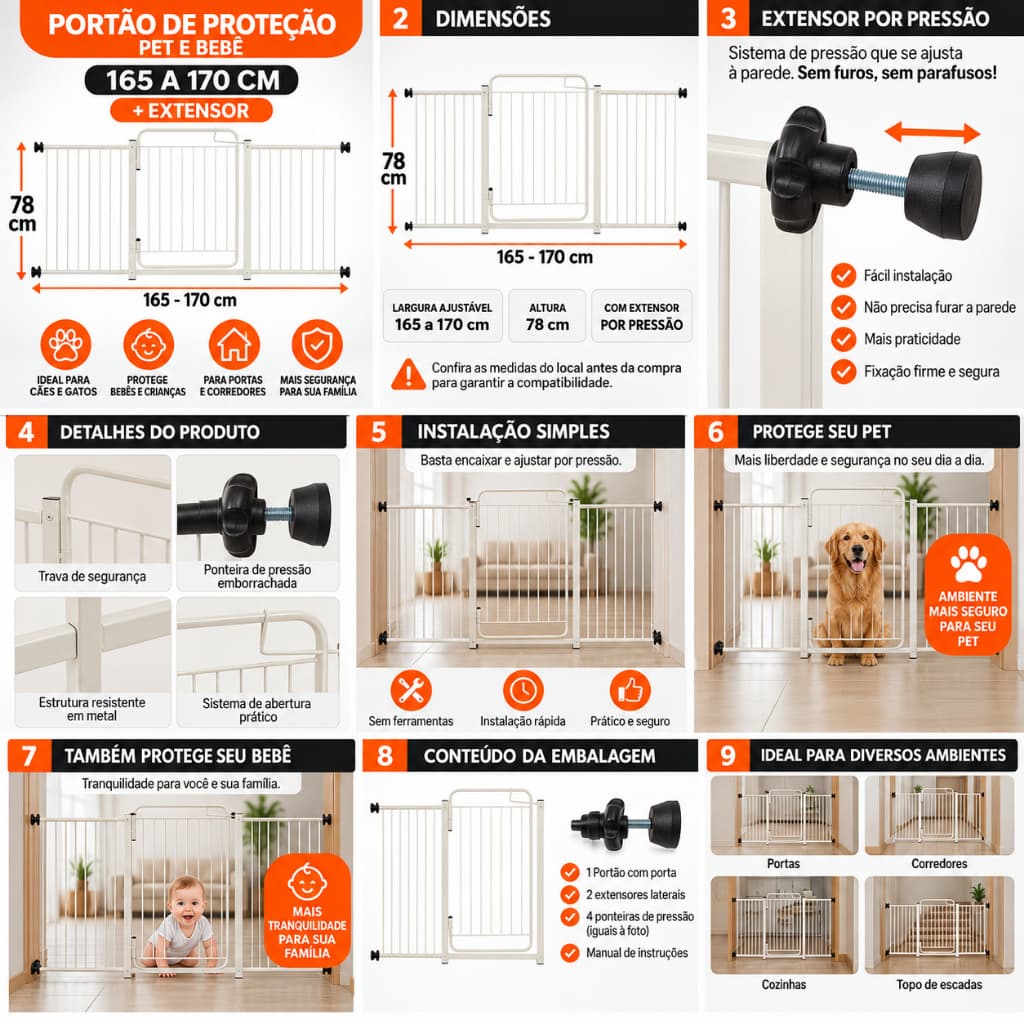 Portão Grade para Cachorro Bebê 165 a 170cm + Extensor Ajustável