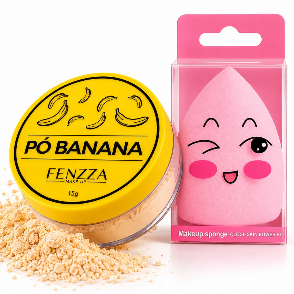 Kit Pó Banana + Esponja de Maquiagem 2 Itens Pó Facial Solto Acabamento Aveludado