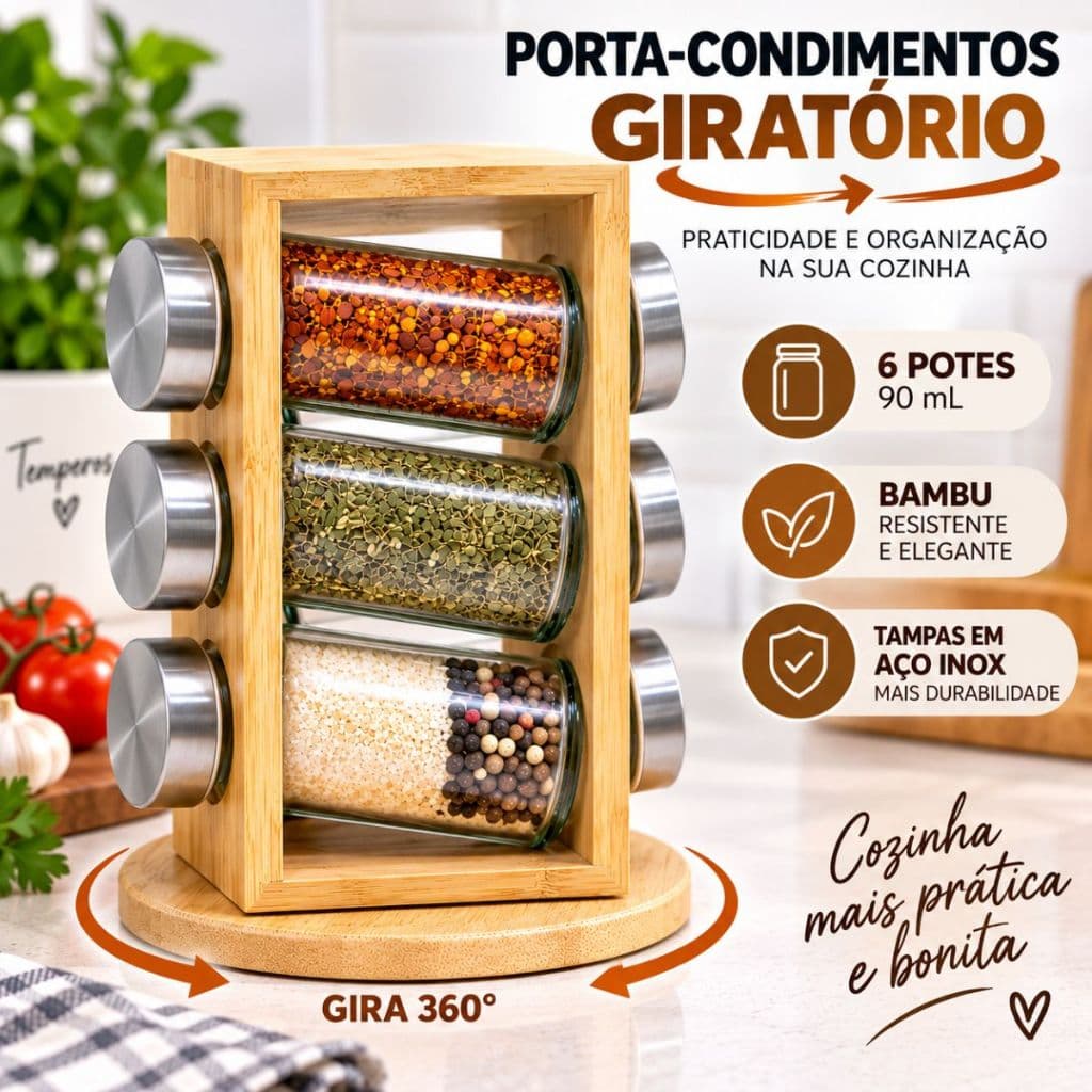 Porta Temperos Giratório 360° 6 Potes Vidro Bambu Porta Condimentos 90ml