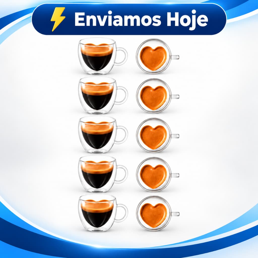 Jogo 10 Xícaras de Café Coração 90ml em Vidro Borossilicato Parede Dupla Térmica com Alça para Expresso e Chá