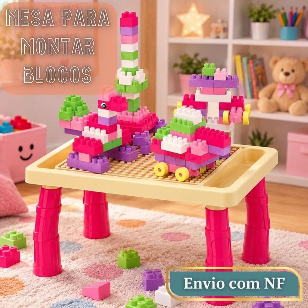 Mesa Infantil Blocos Montar 100 Peças Desenvolvimento Criativo Rosa Verde Dia Das Crianças