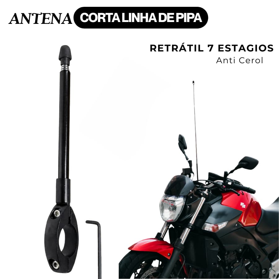 Antena de Moto Corta Linha de Pipa Retrátil 7 Estagios Anti Cerol Aço Inox Guidão