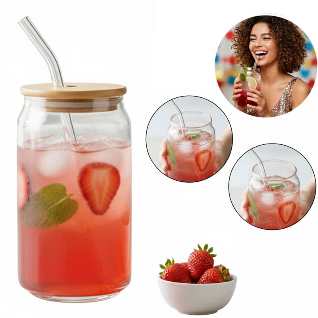 Copo De Vidro com Tampa E Canudo Drink 500ml