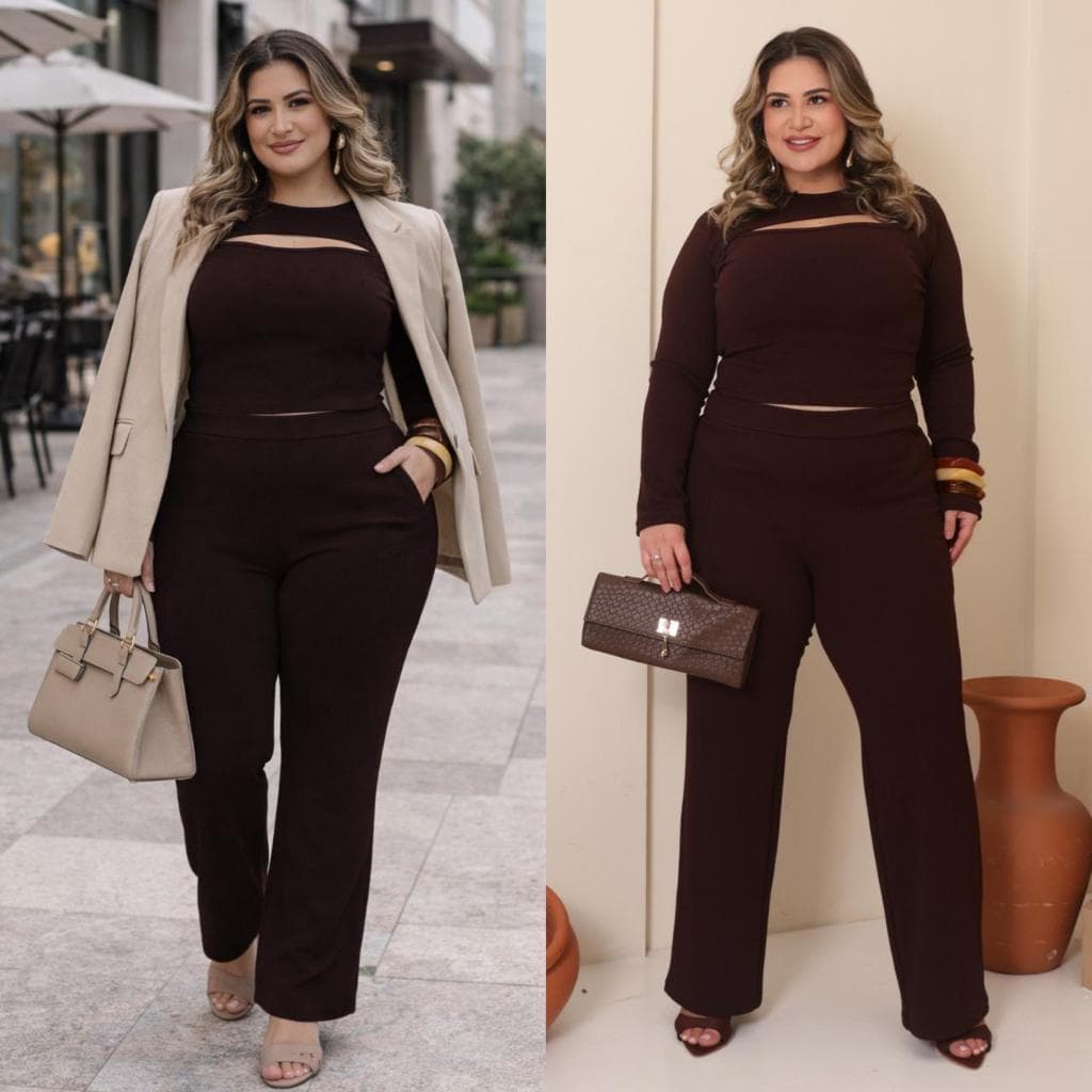 Conjunto Feminino Canelado Plus Size Cropped Manga Longa  Calça Modelagem Confortável Moderna Frio Inverno