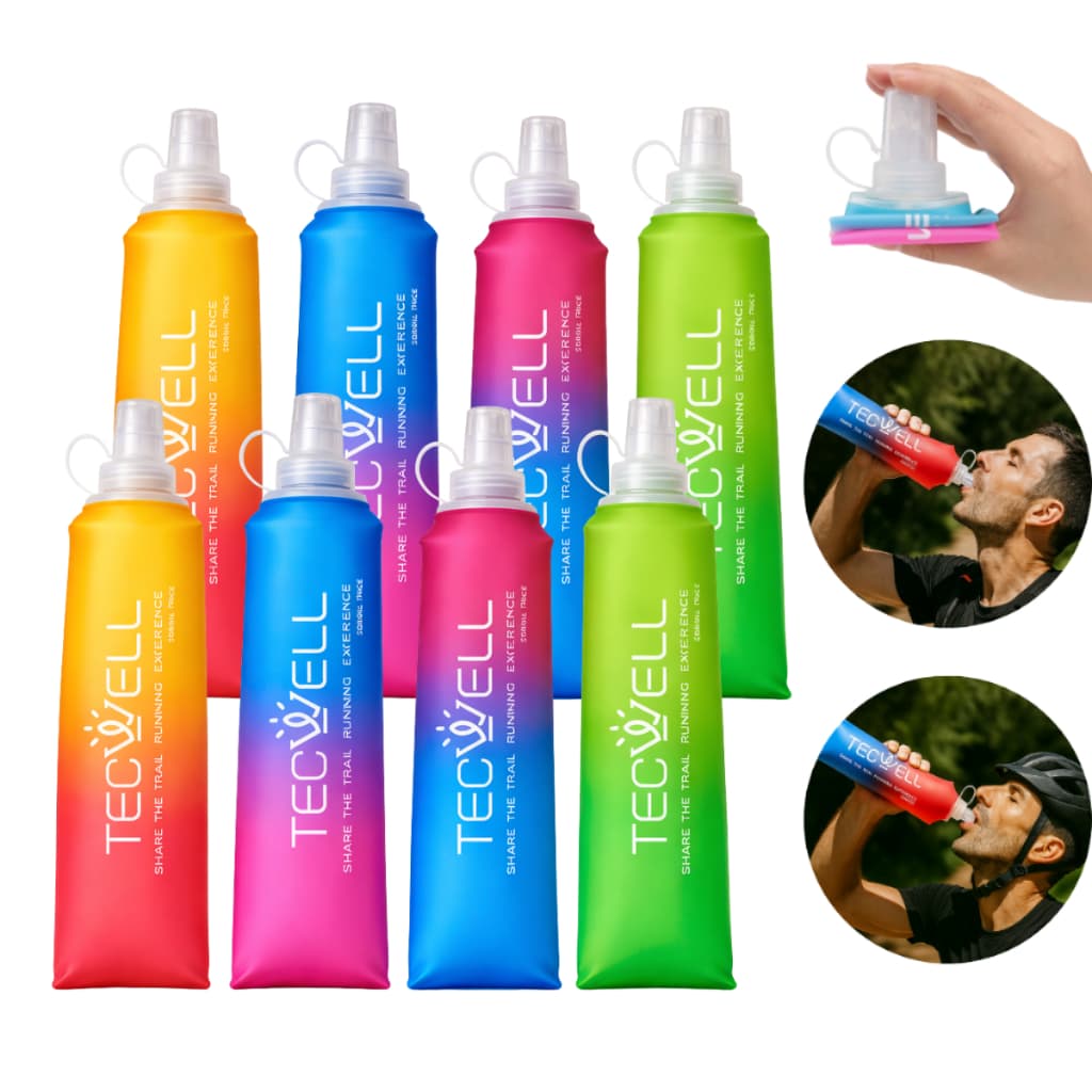 Kit 8 Garrafa de Água Silicone Dobrável  Flask Hidratação Running 250ml Macia Tecwell